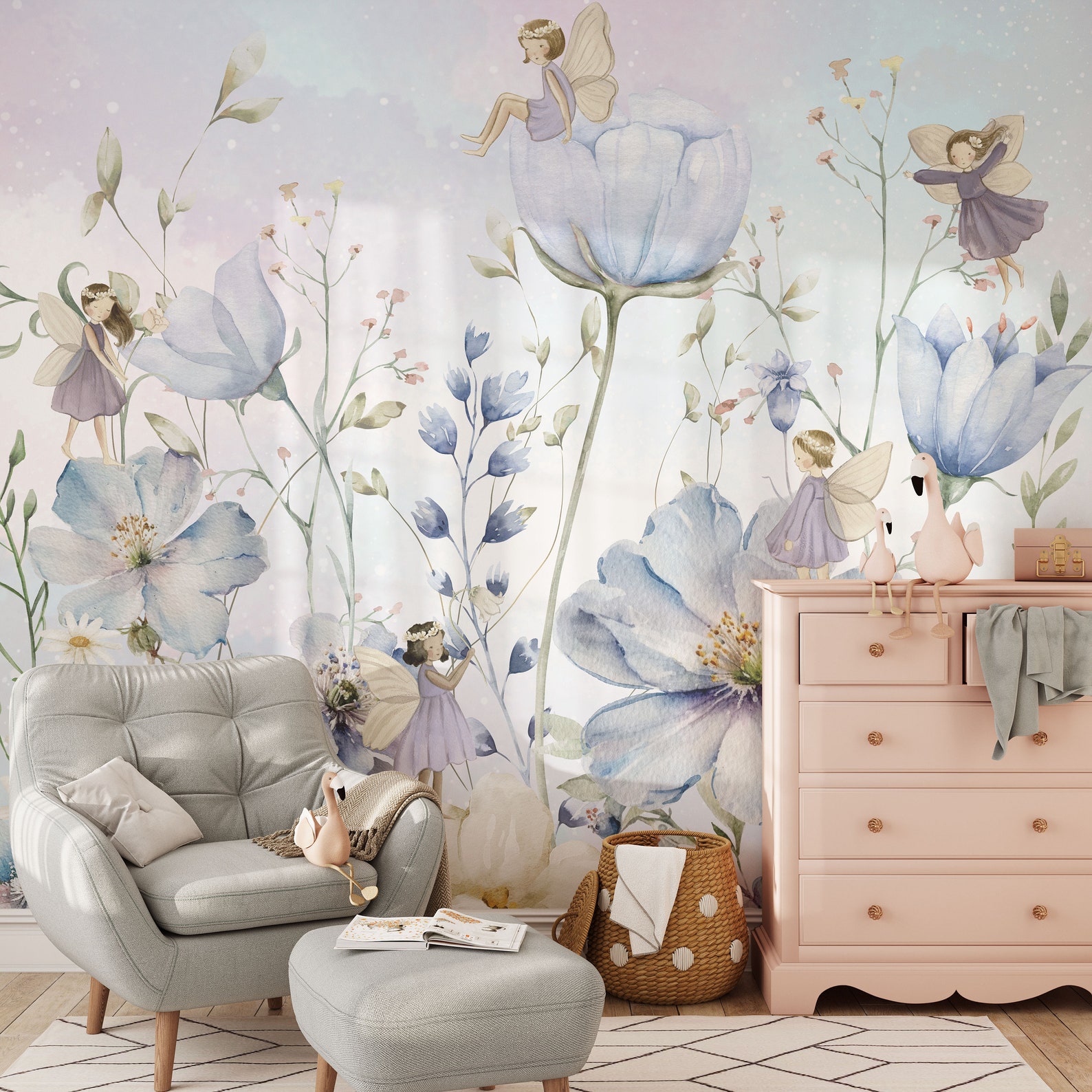 Fairy Nursery Wallpaper Watercolor Floral Wall Mural Peel and Stick ...
