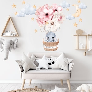 Hot Air Balloon Wall decal, Personalized Name, Watercolor Safari animals wall sticker, Jungle animal decor Wall art Nursery decal