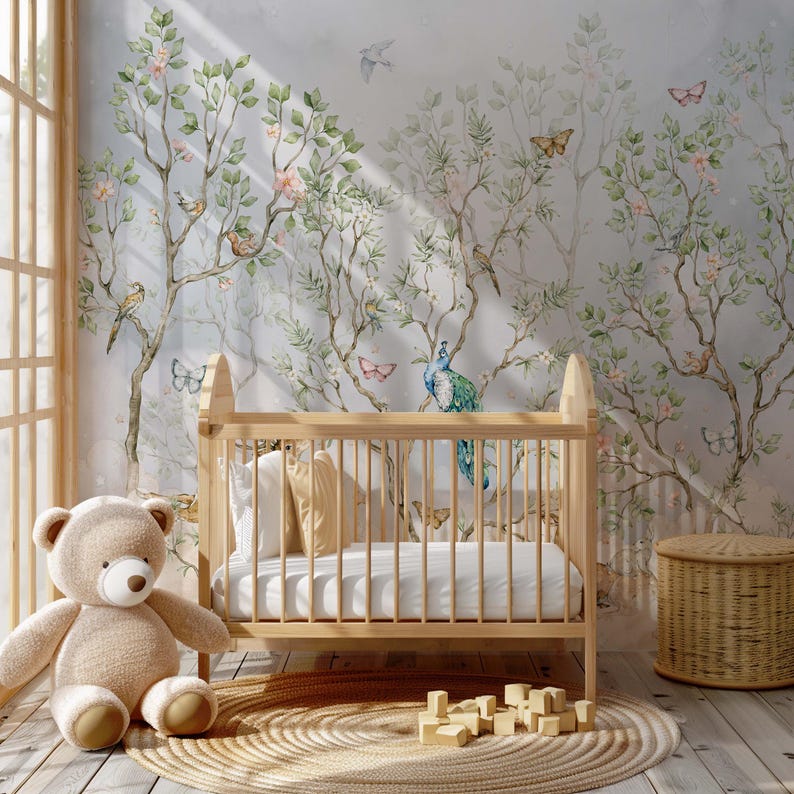 Chinoiserie Nursery Wallpaper Botanical Birds and Blossoms Woodland ...
