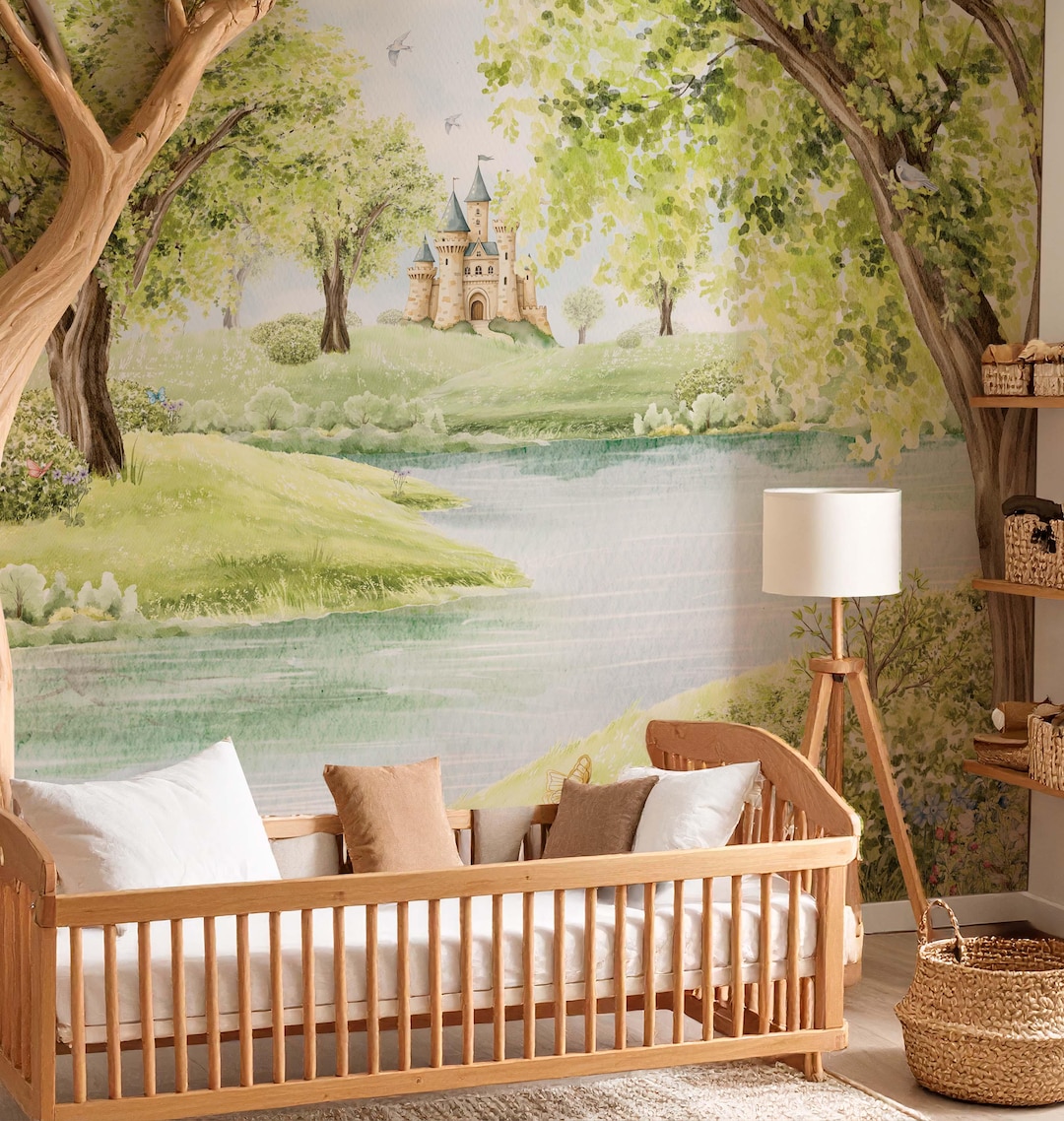 Fairy Tale Castle Nursery Wallpaper Mural Green Trees Wall Art Nature ...