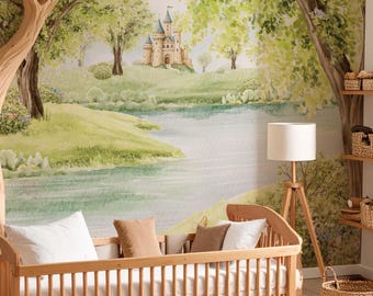 Sprookjeskasteel kinderkamer behang muurschildering groene bomen muur kunst natuur babykamer decor Peel & Stick verwijderbare kindermuurschildering