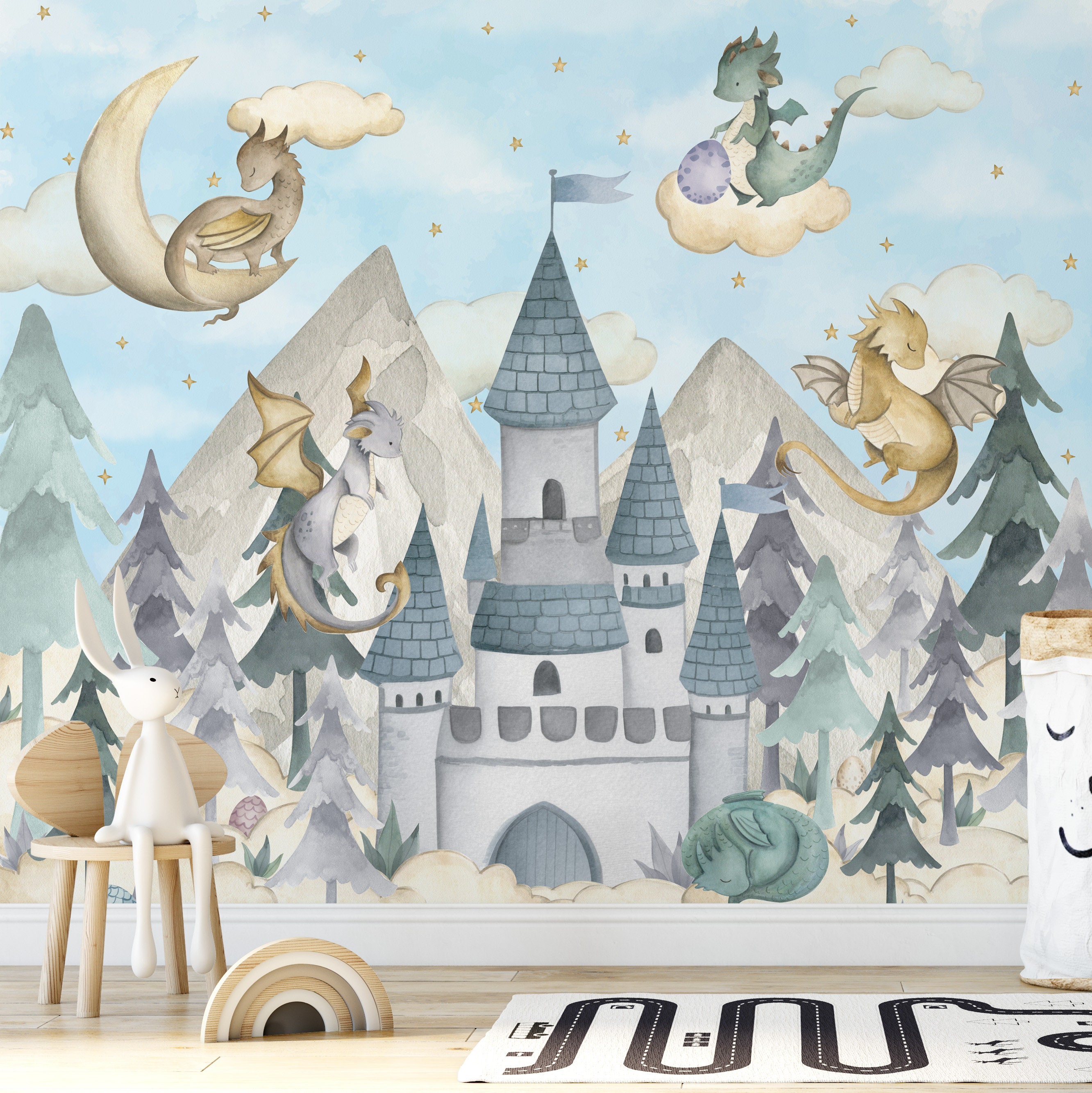 Dragon Nursery Wallpaper Fairy Castle Wall Art Sky and Clouds Forest ...