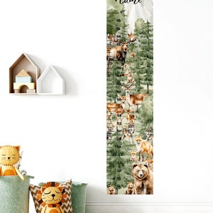 Autocollant personnalisé de tableau de hauteur, décalque de tableau de croissance de pépinière, animaux de forêt, animaux de bois d'aquarelle, autocollant de mur d'enfants