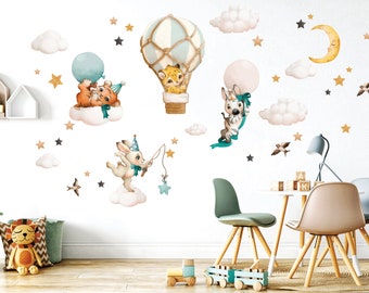 Hot air balloon Nursery wall decal, Watercolor safari animals, Jungle animals decor, Flower wall sticker, Clouds and stars wall decal