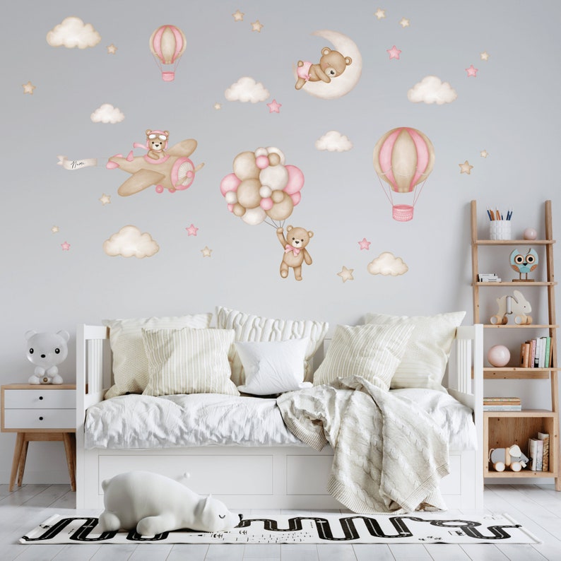 Ours en peluche personnalisé avec des montgolfières, décalcomanie murale pour chambre d'enfant, décalcomanie murale pour enfants, animaux aquarelles, montgolfière, sticker mural avion image 4