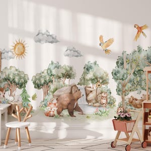 Woodland Forest Animal Nursery Wall Decals Trees Wall Stickers Bear Deer Fox Bunny Nature Mural Watercolor Woodland Nursery Decor