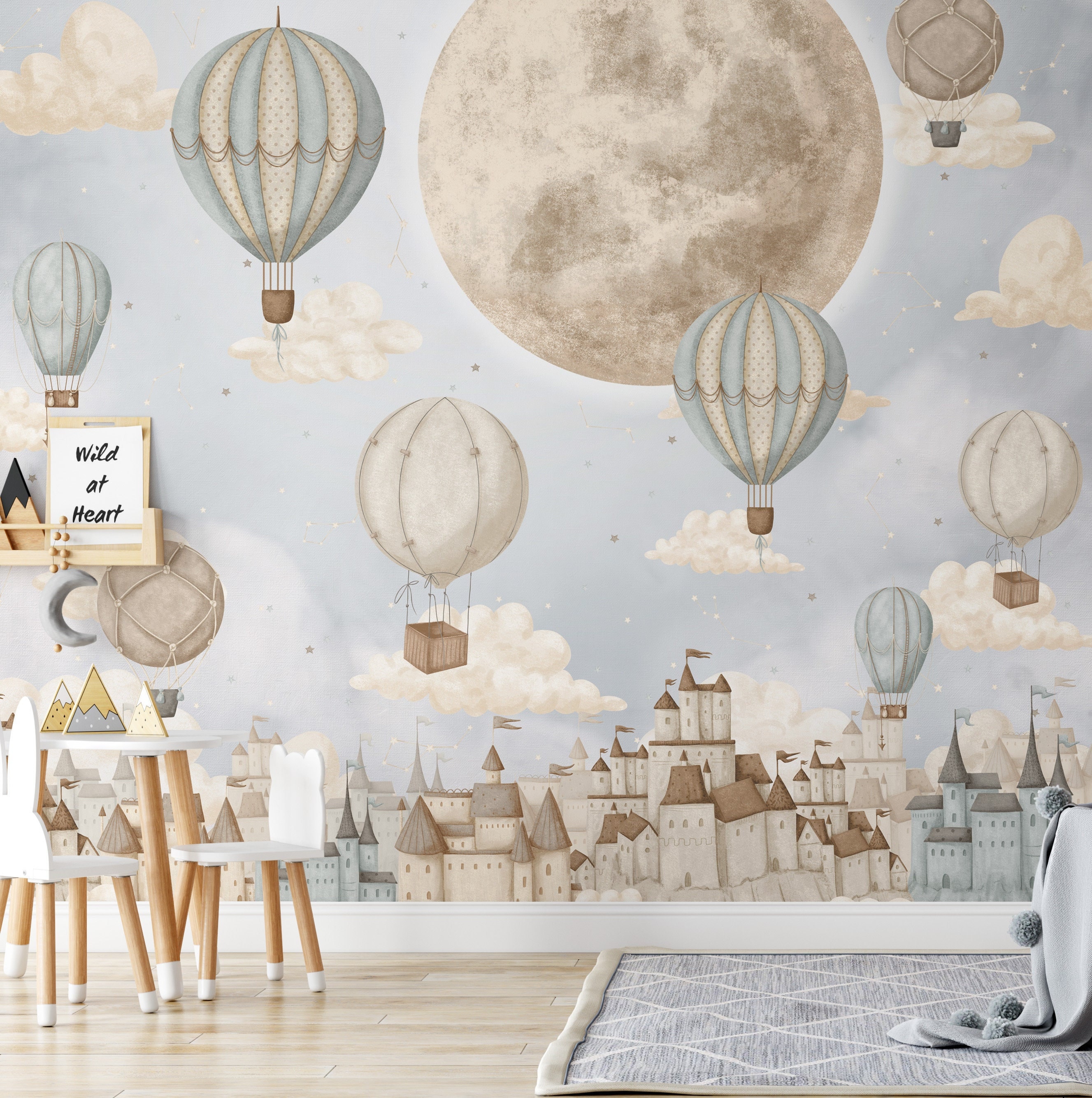Sticker Mural Bébé Little Deco - Motif Ballons, Nuages, étoiles - Gris Menthe - 55 X 28 Cm