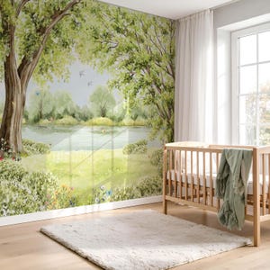 May include: A nursery with a nature-themed mural featuring a serene landscape with trees, a lake, and butterflies. A light-colored wooden crib and a fluffy white rug complete the room's decor.