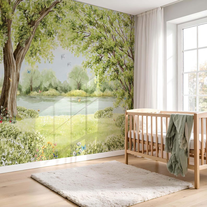 May include: A nursery with a nature-themed mural featuring a serene landscape with trees, a lake, and butterflies. A light-colored wooden crib and a fluffy white rug complete the room's decor.