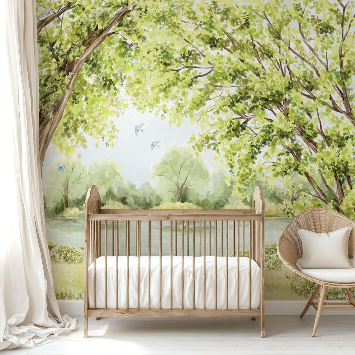 Watercolor Forest Nursery Wallpaper Woodland Wall Mural With Lake and ...
