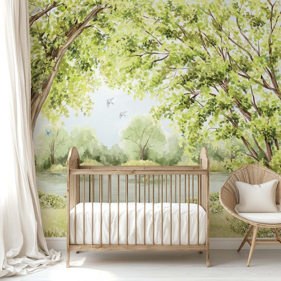 Watercolor Forest Nursery Wallpaper Woodland Wall Mural with Lake and Trees Removable Nature Baby Room Decor