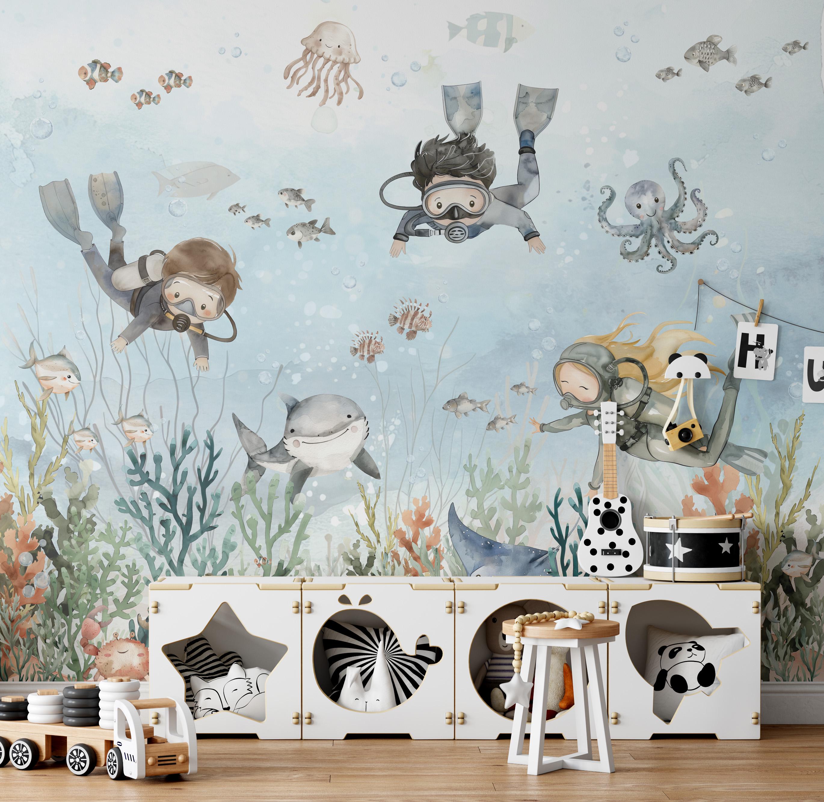 Under the Sea Nursery Wallpaper Little Divers Ocean Life Wall Art ...