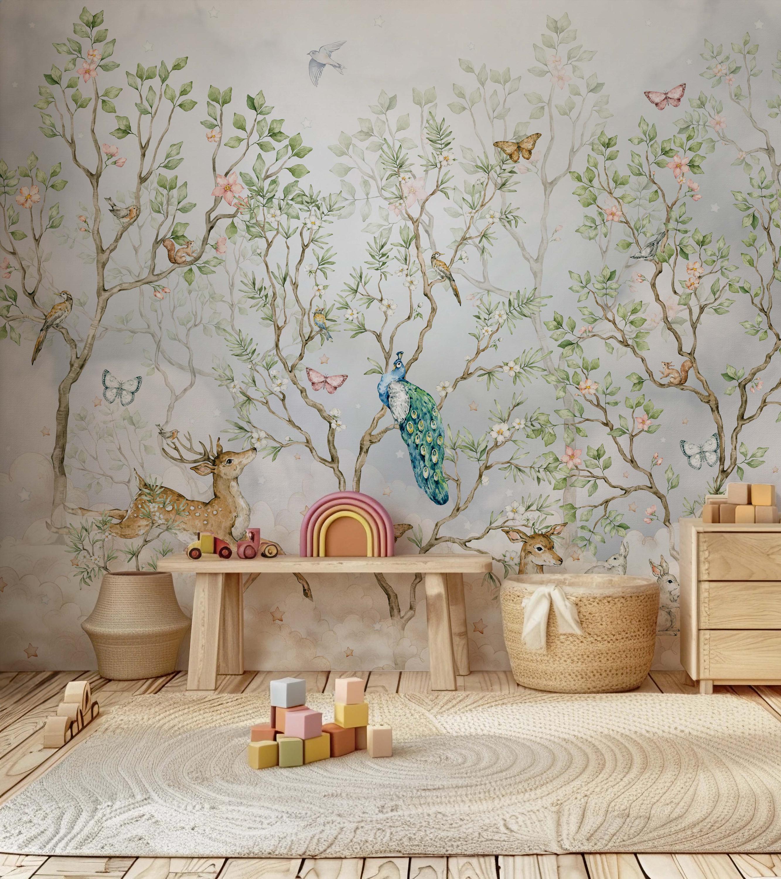 Chinoiserie Nursery Wallpaper Botanical Birds and Blossoms Woodland ...
