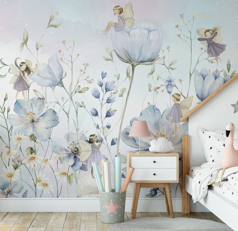 Fairy Nursery Wallpaper Watercolor Floral Wall Mural Peel and Stick ...