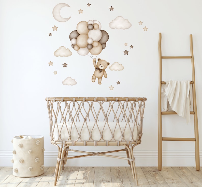 Teddybeer met luchtballonnen, kinderkamer muur sticker, muur sticker voor kinderen, aquarel dieren wand decor, baby meisje muur sticker 1 teddy bear M size