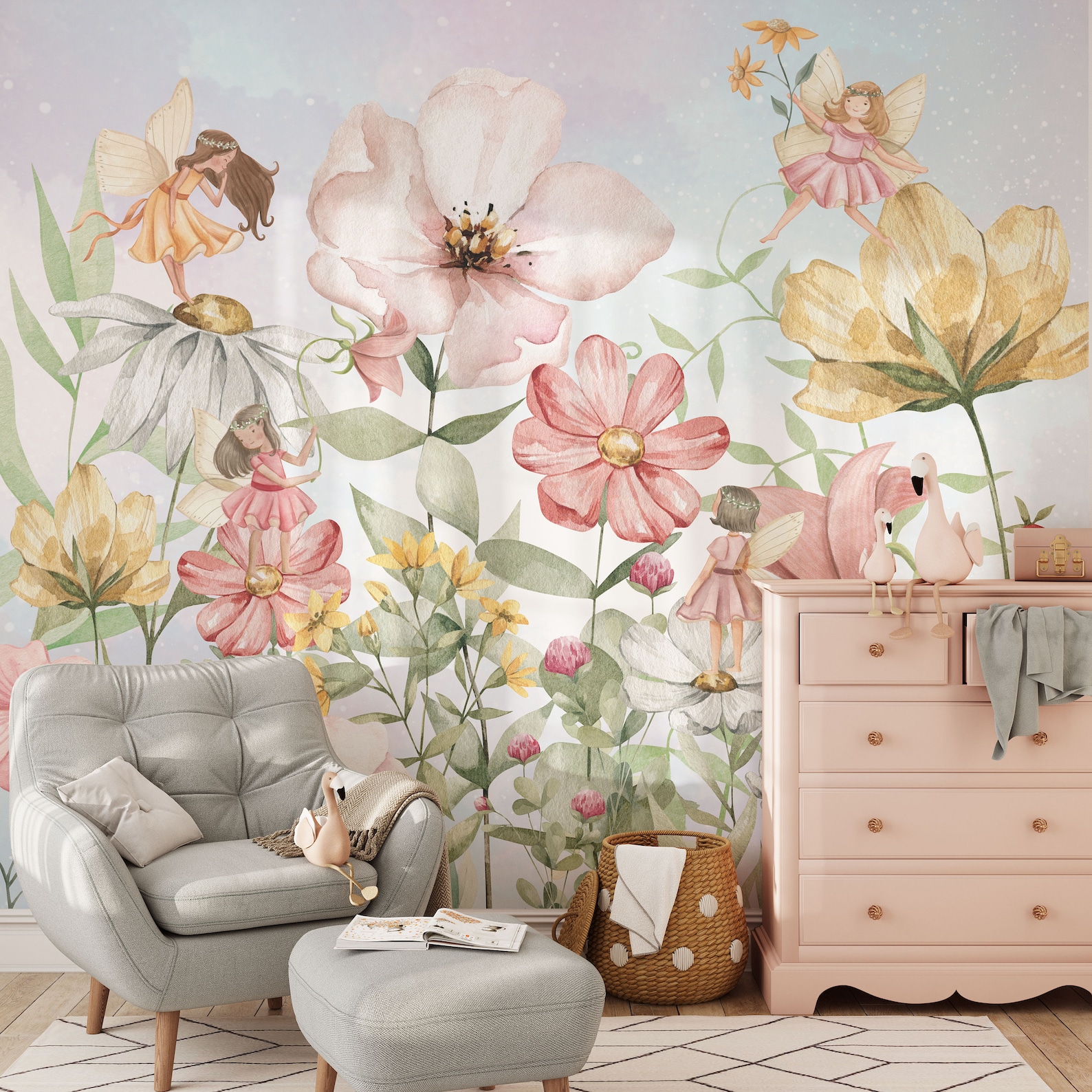 Fairy Nursery Wallpaper Watercolor Floral Wall Mural Peel and Stick ...
