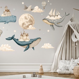 Ocean Nursery wall decal, Under the Sea sticker, Watercolor whale, Hot air Balloons, Castle wall decal, Kids room decor Pettern 1 L size