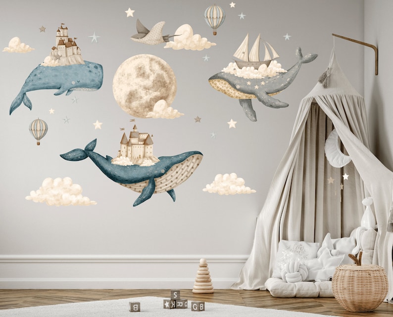 Ocean Nursery wall decal, Under the Sea sticker, Watercolor whale, Hot air Balloons, Castle wall decal, Kids room decor Pettern 1 L size