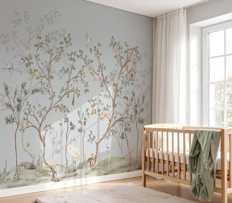Chinoiserie Nursery Wallpaper Botanical Birds and Blossoms Woodland ...