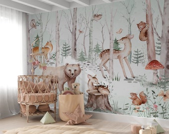 Bosdieren behang, kinderkamer muurschildering, bos kunst aan de muur