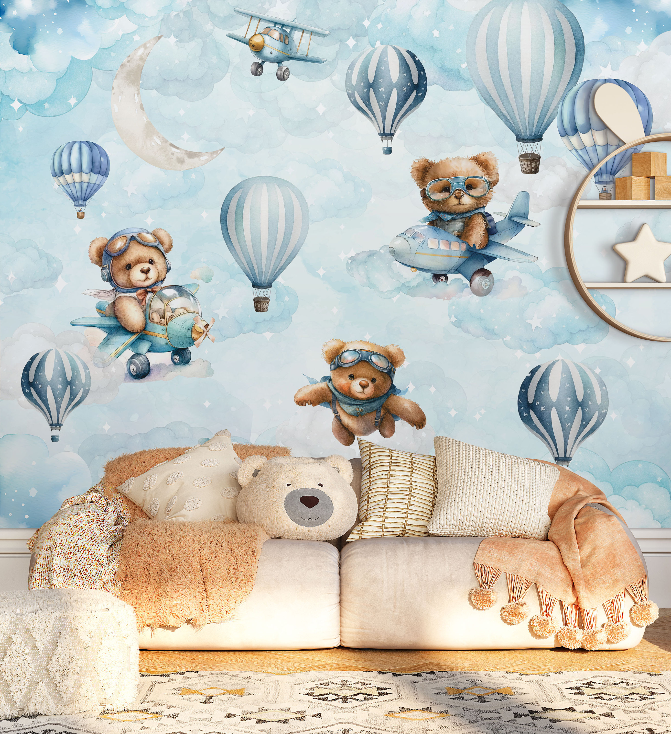 Blue Hot Air Balloon Nursery Wallpaper Flying Teddy Bear Aviator Wall ...