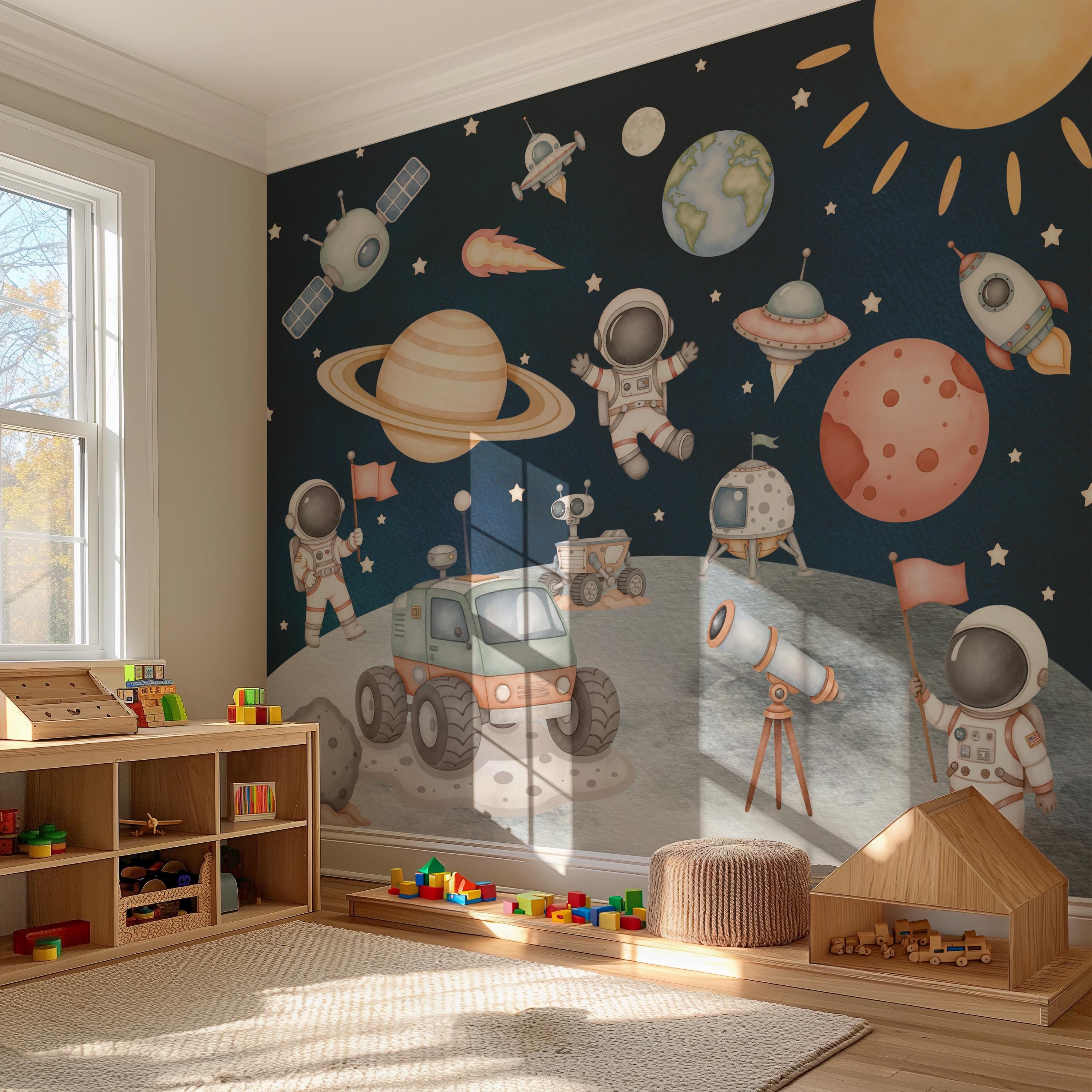 Space and Planets Nursery Wallpaper Astronaut Peel and Stick Wall Mural ...