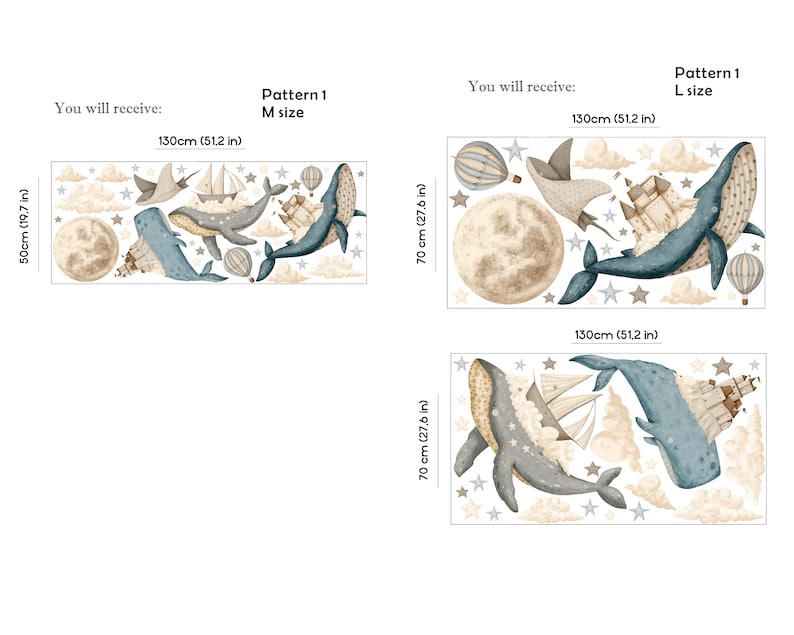 Sticker mural chambre d'enfant océan, sticker sous la mer, baleine aquarelle, montgolfières, sticker mural château, décoration de chambre d'enfant image 2