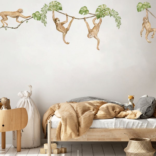 Safari dieren muur sticker, kinderkamer muur sticker, jungle dieren, tropische aap muur stickers, muur sticker voor kinderen, wilde aquarel dieren,