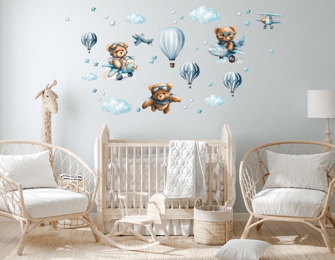 Teddy Bear Nursery Wall Decal, Airplane Wall Decals for Boys, Hot Air ...