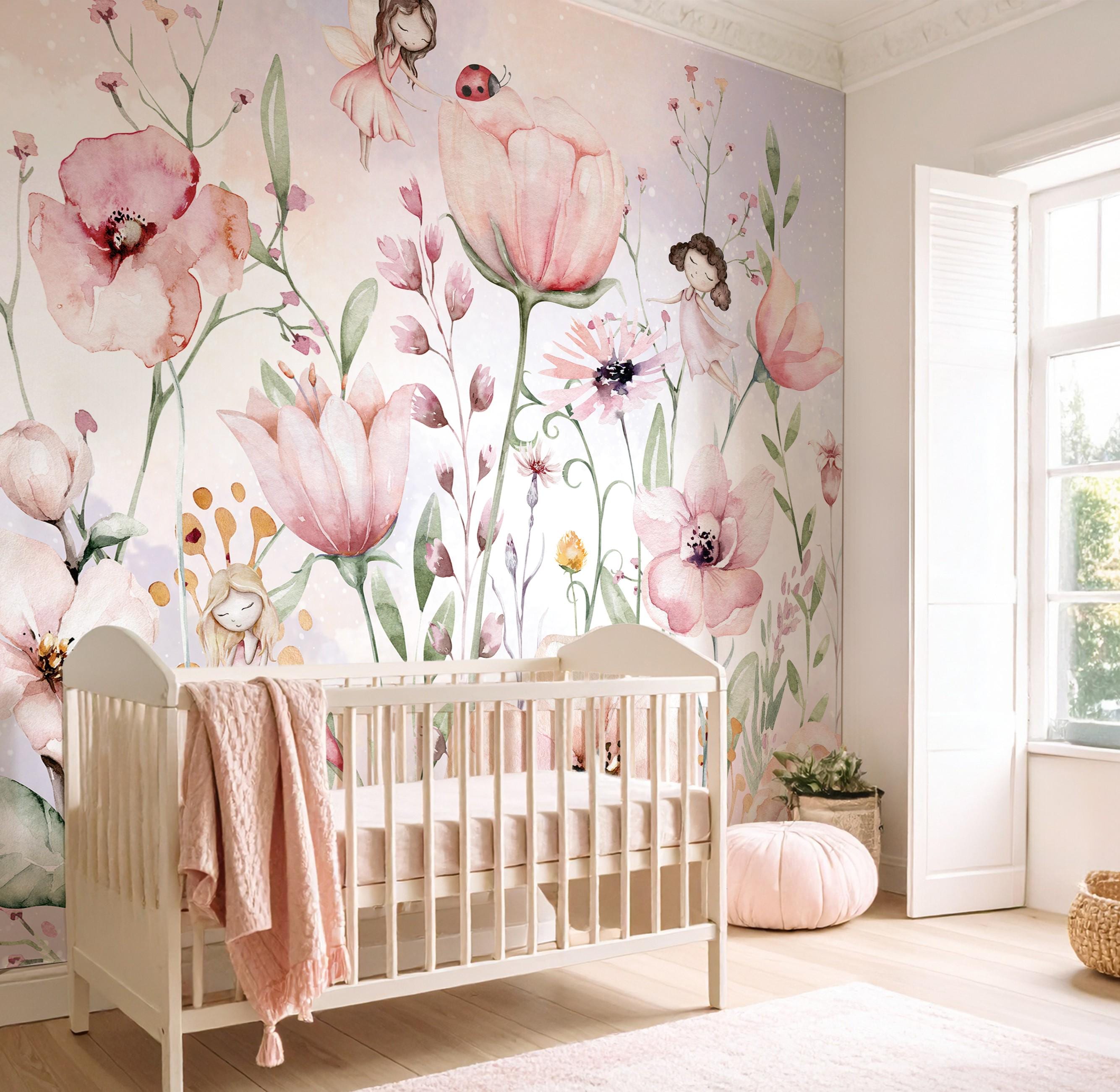 Fairy Nursery Wallpaper Watercolor Floral Wall Mural Peel and Stick ...