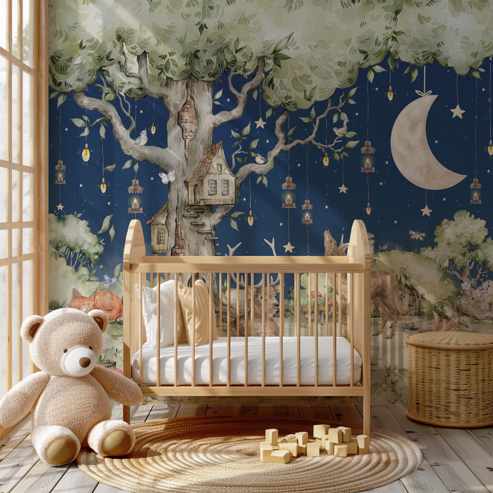 Woodland Nursery Wallpaper Mural Night Forest Animals Wall Art With ...