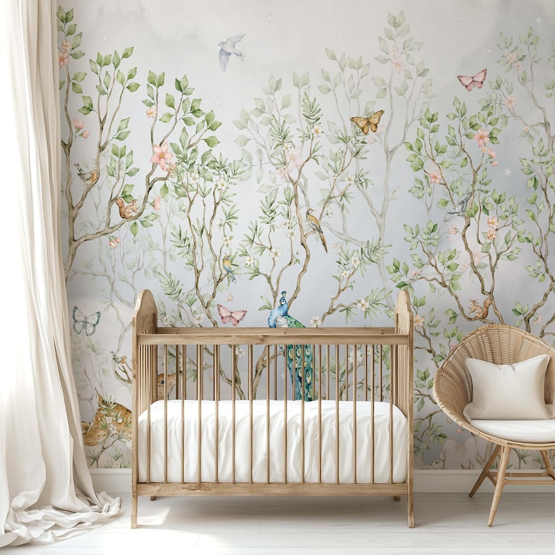 Chinoiserie Nursery Wallpaper Botanical Birds and Blossoms Woodland ...