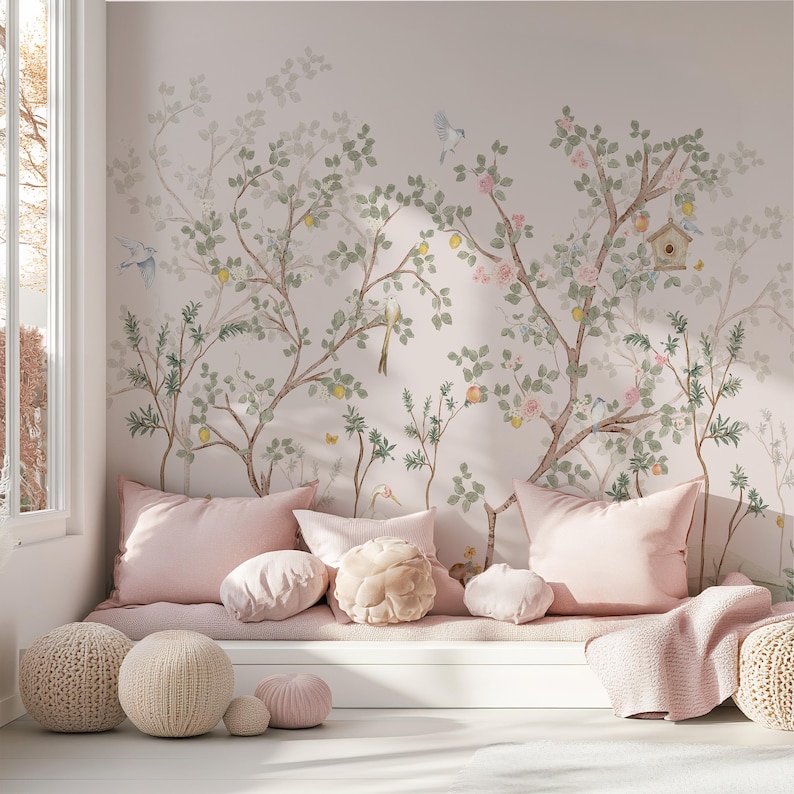 Chinoiserie Nursery Wallpaper Botanical Birds and Blossoms Woodland ...