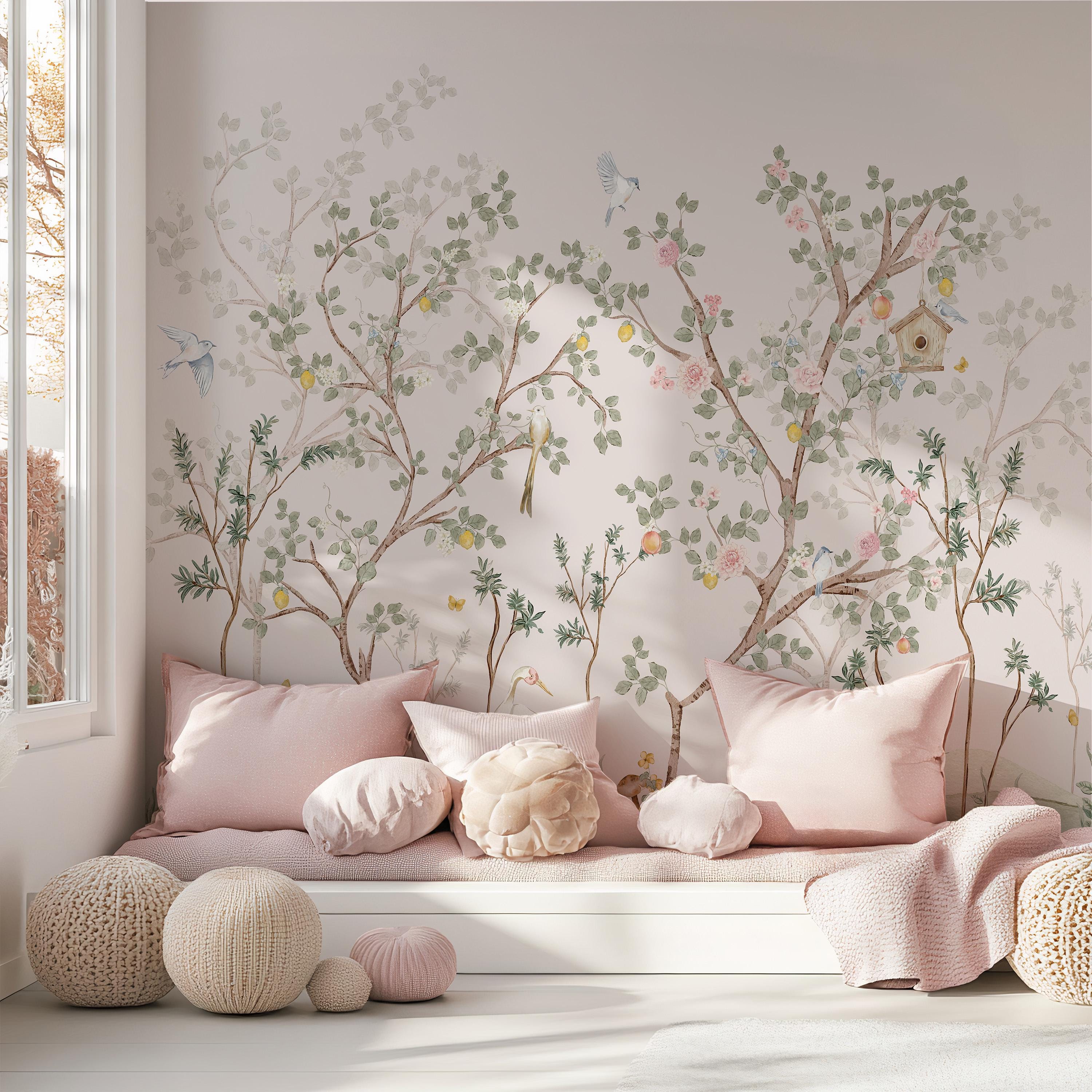 Chinoiserie Nursery Wallpaper Botanical Birds and Blossoms Woodland ...