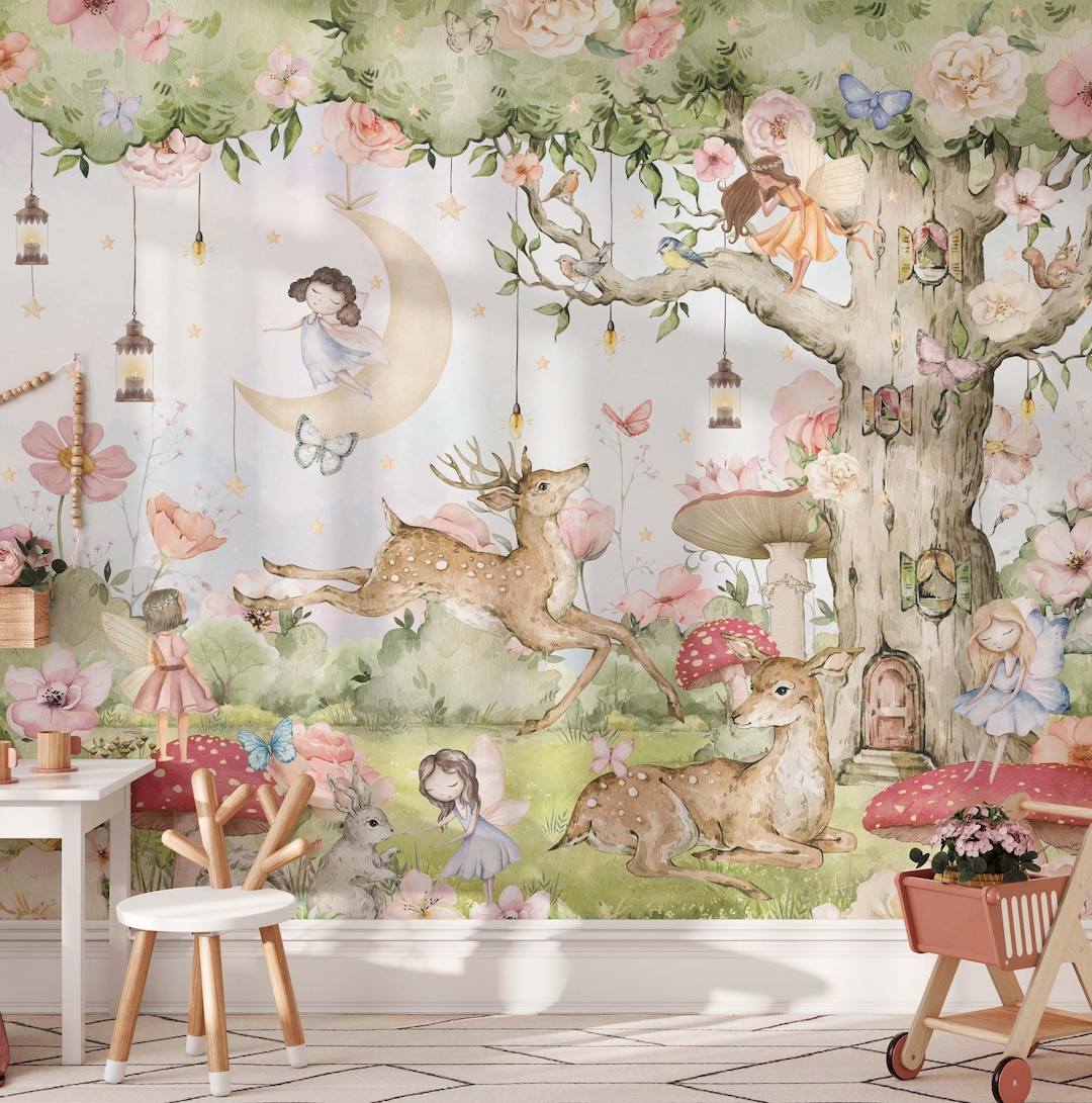 Fairy Woodland Nursery Wallpaper Peel and Stick Wall Mural With Deer ...