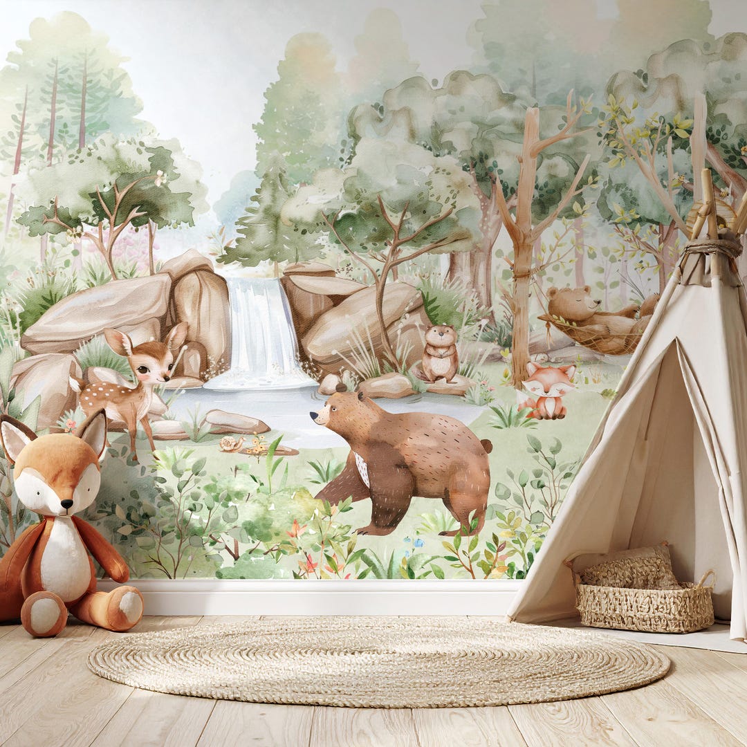 Woodland Nursery Wallpaper Mural Forest Animals Waterfall & Bear Kids ...