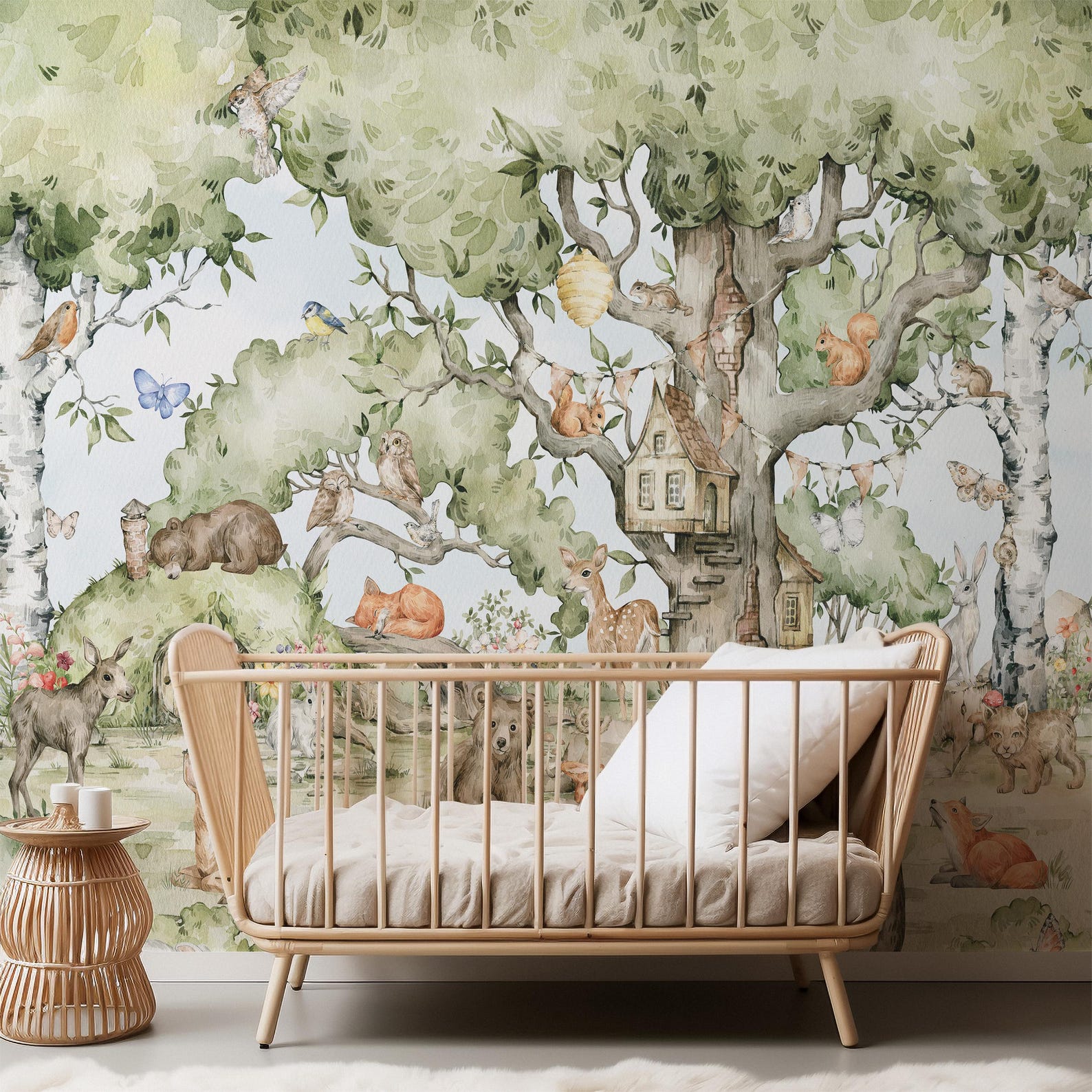 Forest Animals Nursery Wallpaper Woodland Wall Art Watercolor Trees