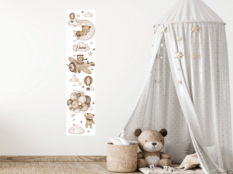 Teddybeer met luchtballonnen, kinderkamer muur sticker, muur sticker voor kinderen, aquarel dieren wand decor, baby meisje muur sticker Height chart INCHES