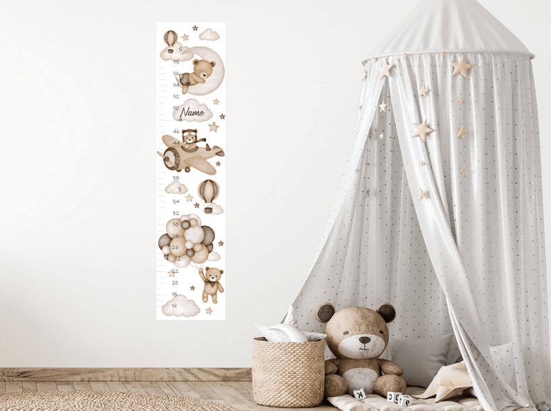 Ours en peluche avec des montgolfières, sticker mural pour chambre d'enfant, sticker mural pour enfants, décoration murale animaux aquarelle, sticker mural bébé fille Height chart INCHES