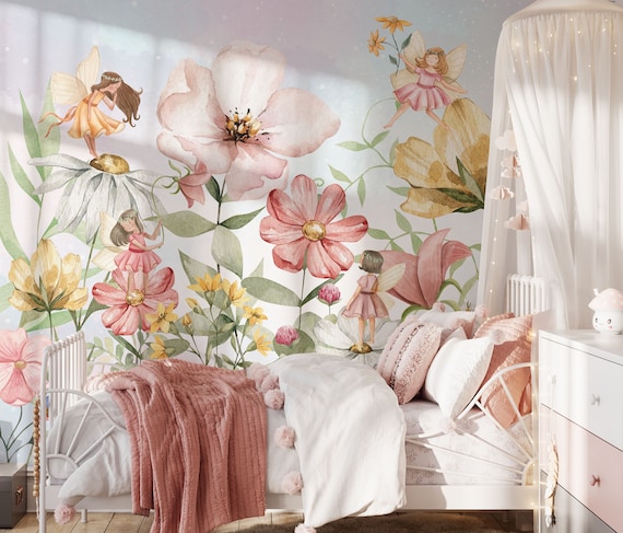 妖精の保育園の壁紙 水彩画の花の壁画 剥がして貼る女の子の部屋の壁