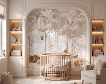 Luchtballon kinderkamer behang vliegende zwaan muur muurschildering bos behang Peel and stick maan en wolken muurkunst