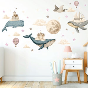 Ocean Nursery wall decal, Under the Sea sticker, Watercolor whale, Hot air Balloons, Castle wall decal, Kids room decor Pink Pattern 1 Lsize