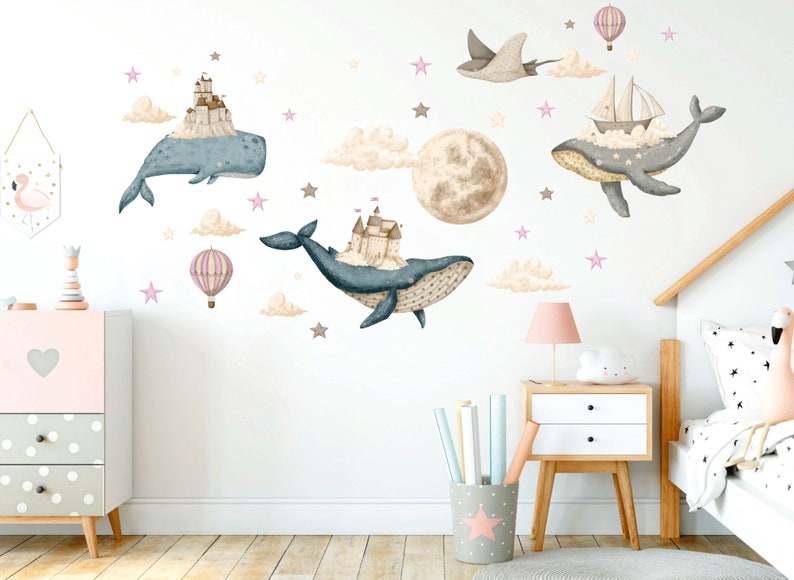 Ocean Nursery wall decal, Under the Sea sticker, Watercolor whale, Hot air Balloons, Castle wall decal, Kids room decor Pink Pattern 1 Lsize