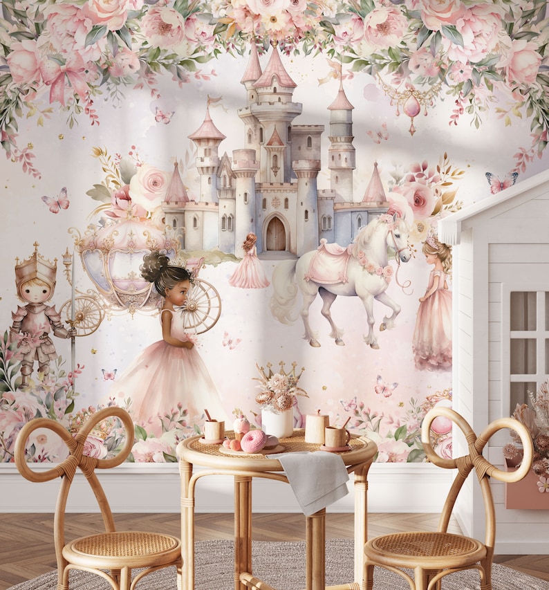 Papier peint princesse et château pour chambre d'enfant, royaume magique, conte de fées, papier peint autocollant, décoration murale pour chambre de filles, papier peint floral image 9