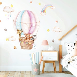 Décalque de mur de pépinière de ballon à air chaud, animaux de safari d'aquarelle, autocollant de mur d'arc-en-ciel, décor de chambre de bébé fille, image 9