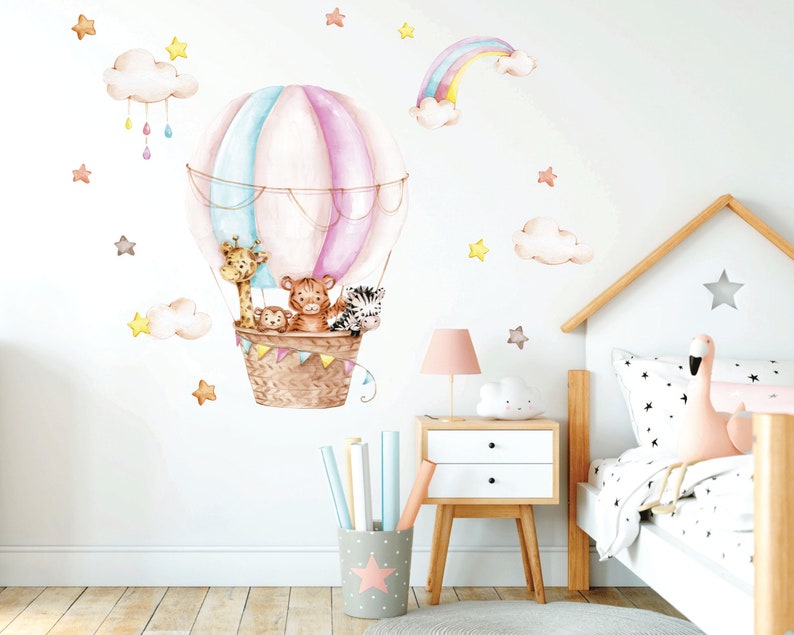 Décalque de mur de pépinière de ballon à air chaud, animaux de safari d'aquarelle, autocollant de mur d'arc-en-ciel, décor de chambre de bébé fille, image 9