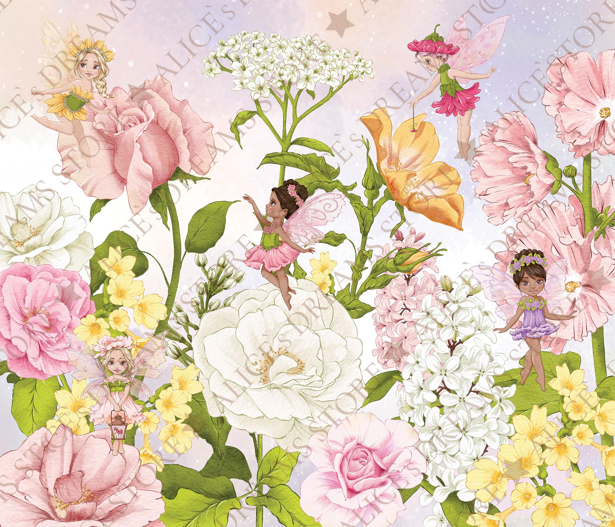 Fairy Nursery Wallpaper Watercolor Floral Wall Mural Peel and Stick ...