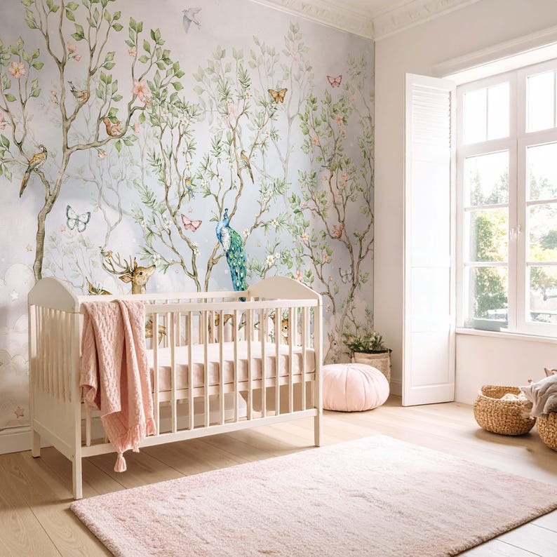 Chinoiserie Nursery Wallpaper Botanical Birds and Blossoms Woodland ...
