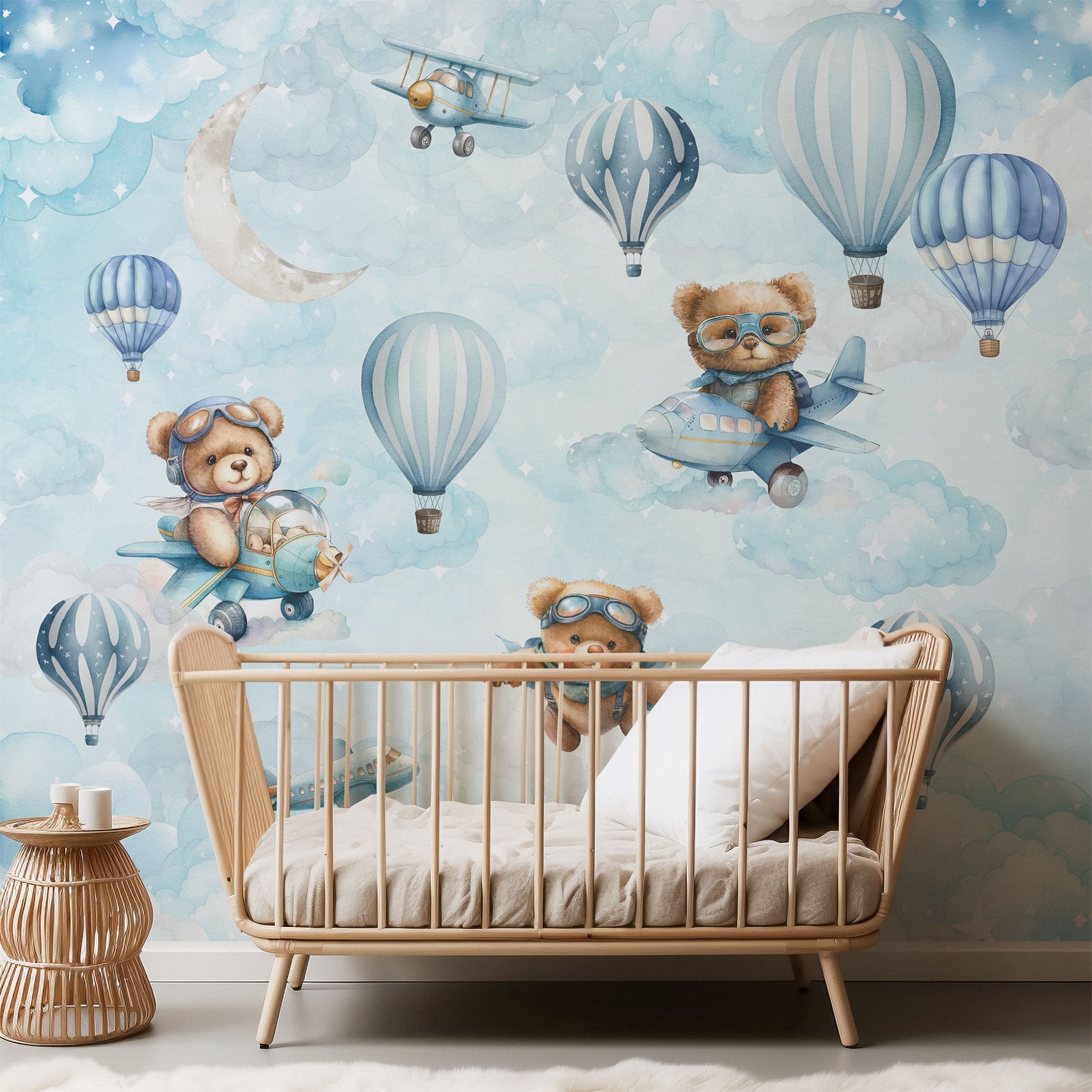 Blue Hot Air Balloon Nursery Wallpaper Flying Teddy Bear Aviator Wall ...