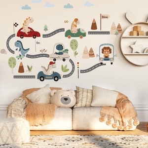 Dinosaurs nursery wall decals, Car wall stickers, Vehicles Roads, Transport wall decal, Mountains, Boys room decor